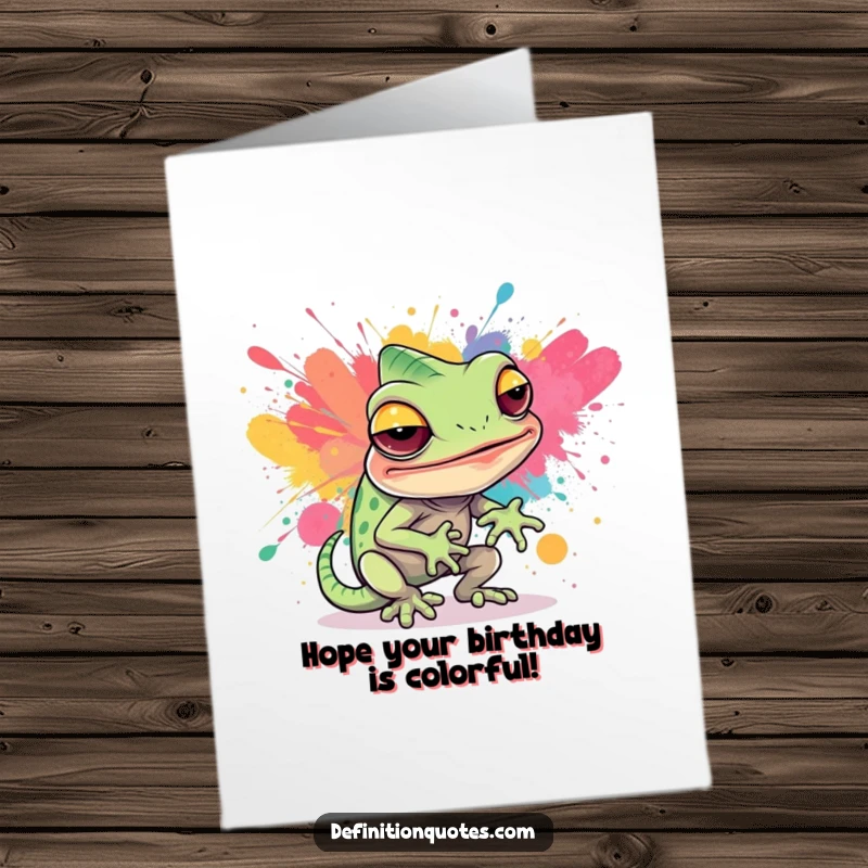 Funny Free Printable Birthday Card featuring a sly chameleon hilariously attempting to blend into a vibrant paint splatter.