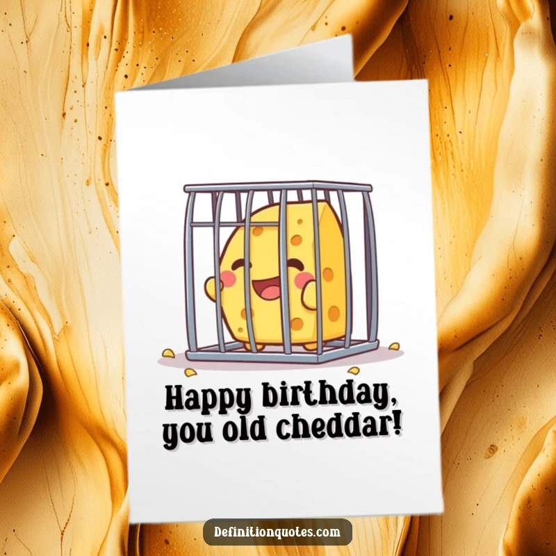 Funny Free Printable Birthday Card: Kawaii cheese character joyfully escapes a small cage, celebrating freedom.
