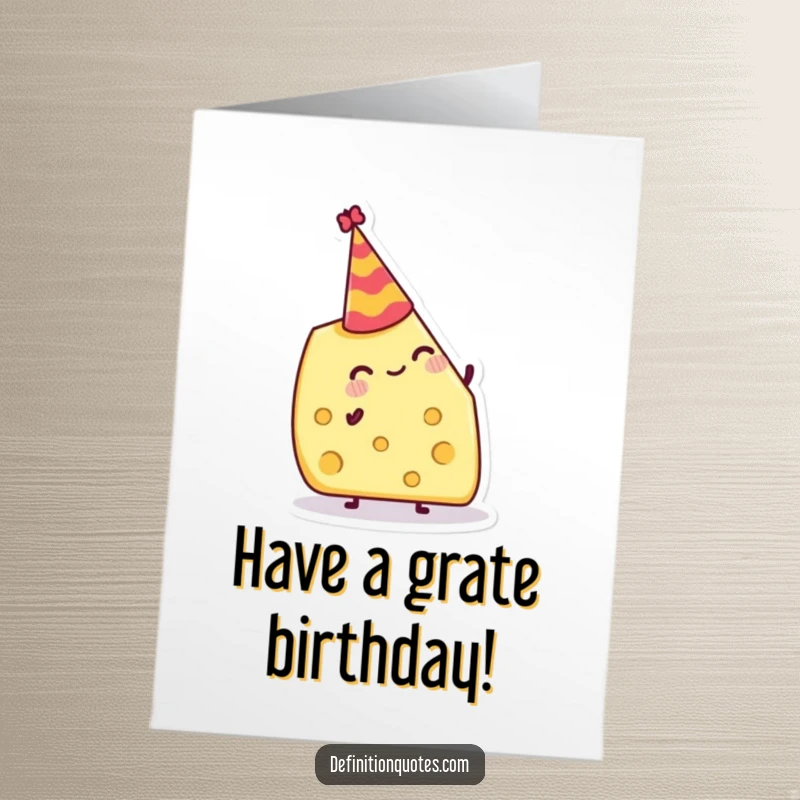 Funny Free Printable Birthday Card: Grinning cheese wedge precariously balancing a minuscule party hat on its tip.