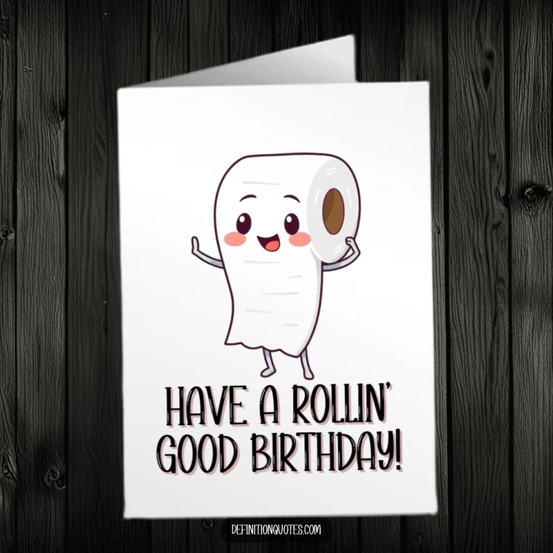Funny free printable birthday card featuring a proud toilet paper roll character proudly unspooling itself, wishing a happy birthday.