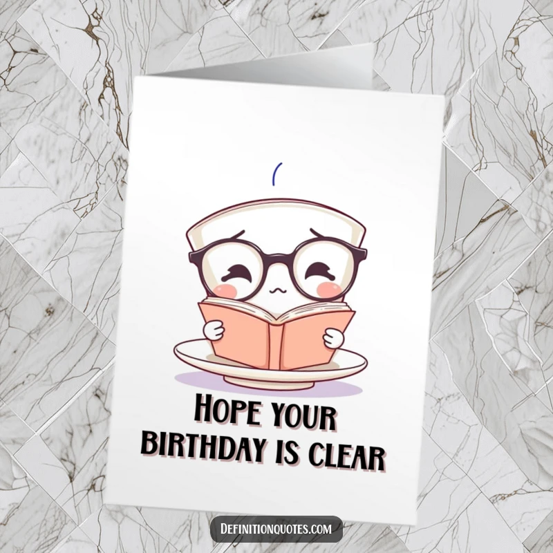 Funny Free Printable Birthday Card: Confused teacup, oversized spectacles, reading tiny upside-down book, intellectual humor.