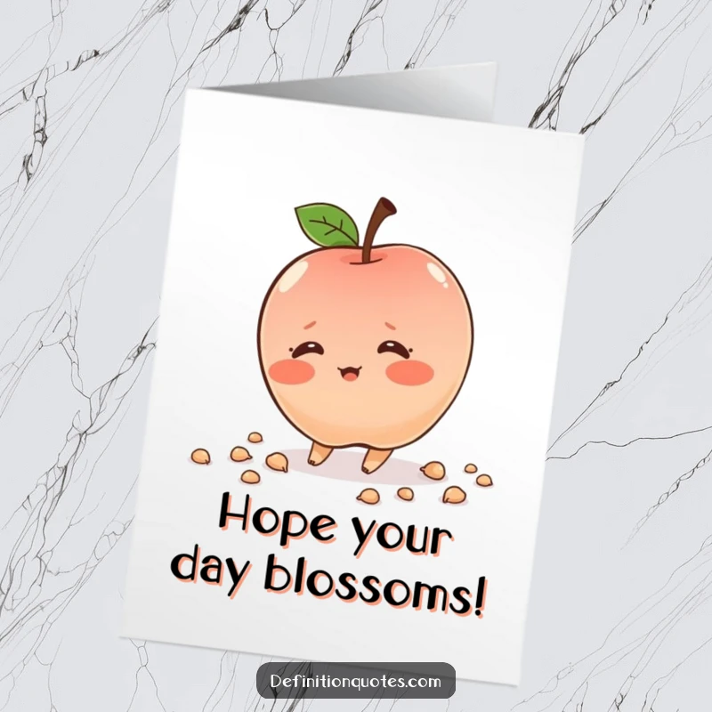 Free Printable Birthday Card: Shy, blushing apple character comically tripping and scattering seeds. A funny, relatable birthday wish.