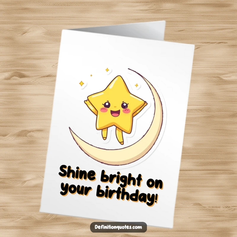 Free printable birthday card: a joyful star with twinkling eyes dances joyfully on a crescent moon, a magical downloadable gift.