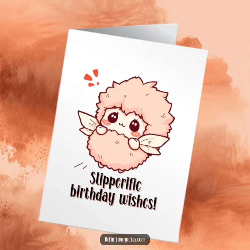 Funny free printable birthday card: a bewildered fluffy slipper trying to fly with tiny paper wings, a silly dream.