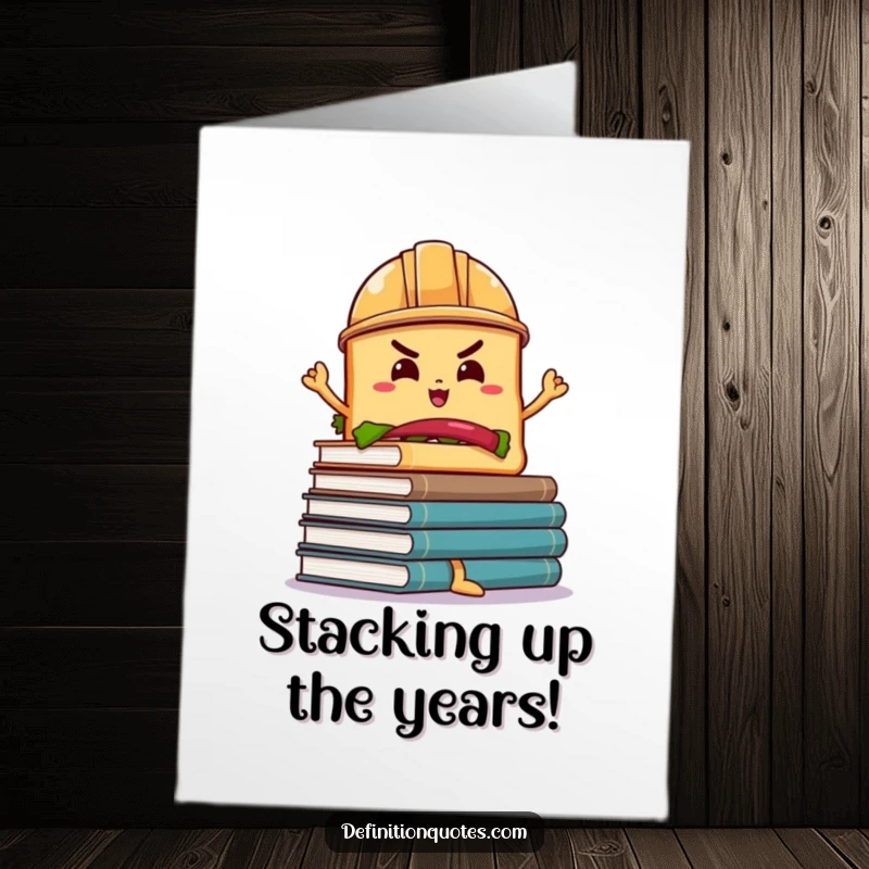 Funny Free Printable Birthday Card: Sandwich in hard hat struggles to balance a tall stack of wobbly books.