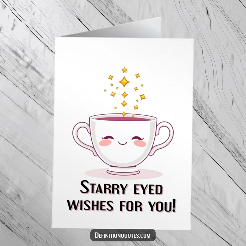 Funny Free Printable Birthday Card featuring a smiling teacup joyfully pouring a cascade of glittering stars.