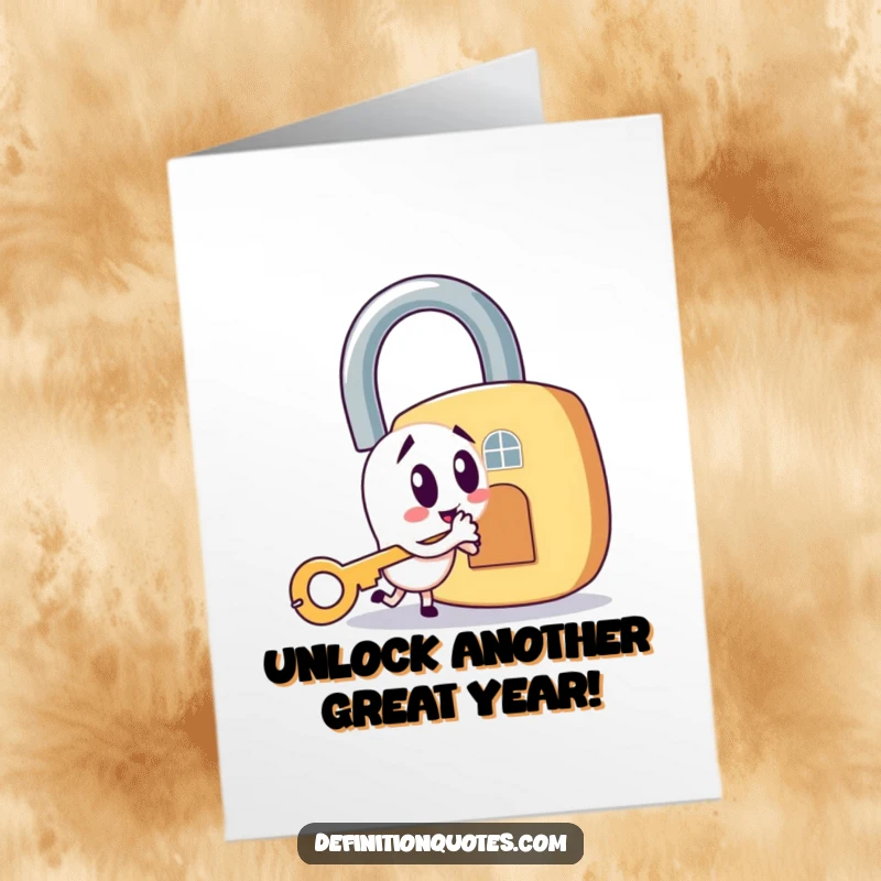Funny Free Printable Birthday Card: Mischievous house key character attempting to unlock a comically large padlock.