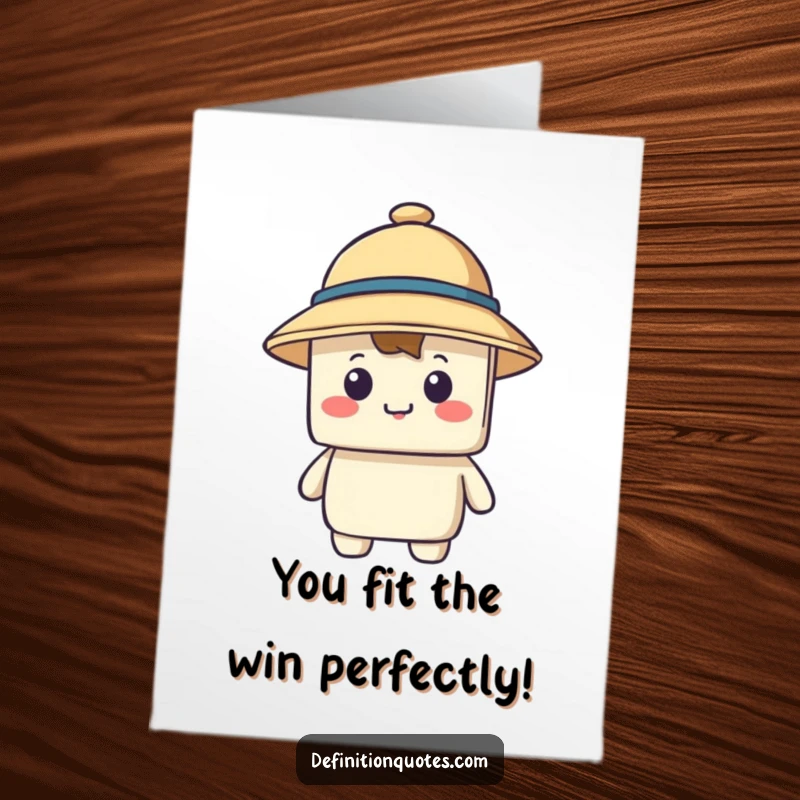 Free Printable Congratulations Card featuring a block character struggling to wear a comically tiny hat that covers its eyes, a funny scene.