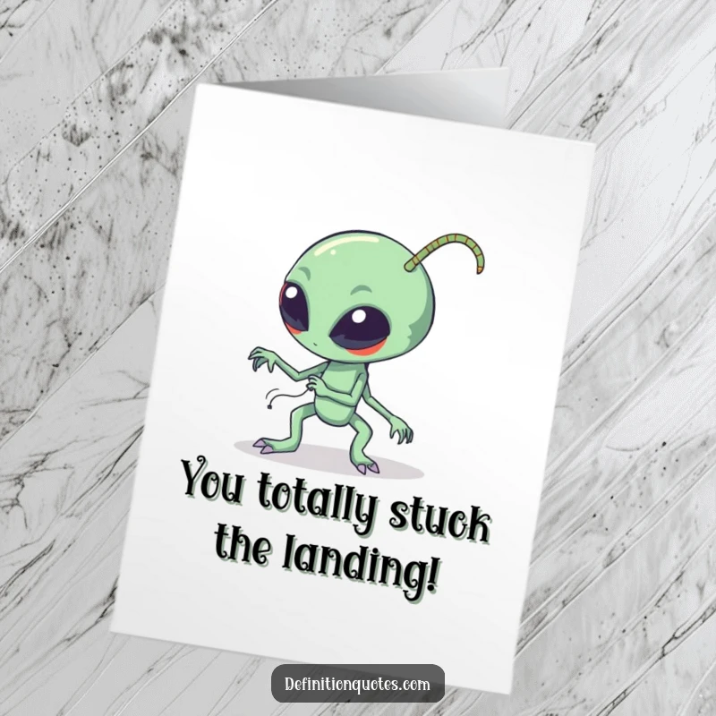 Funny Free Printable Congratulations Card: A clumsy, long-antennaed alien faceplants comically while celebrating an achievement.