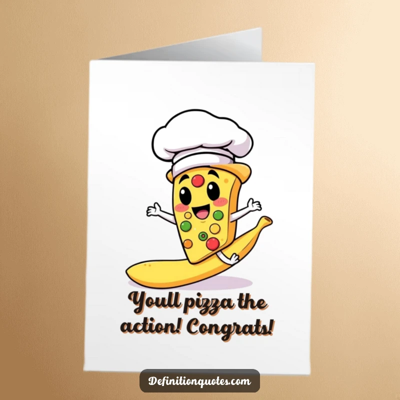 Funny Free Printable Congratulations Card: Pizza chef chef hat slips on banana peel, comedic celebratory mishap.