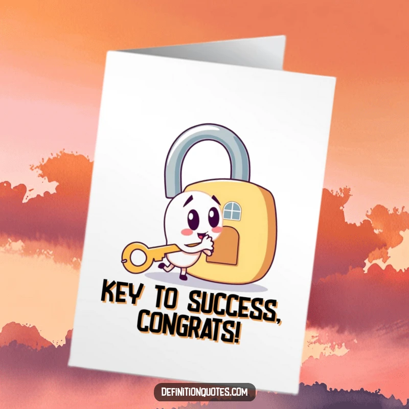 Funny Free Printable Congratulations Card: Mischievous house key character triumphantly unlocking a giant padlock, symbolizing success.