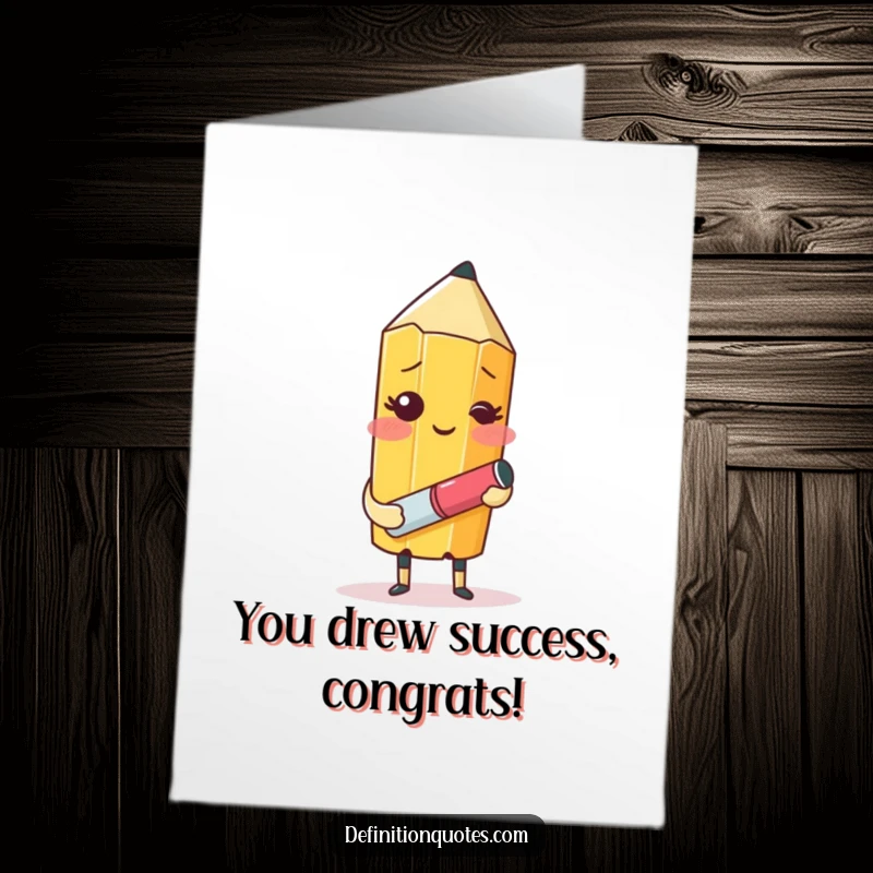 Funny Free Printable Congratulations Card: Blushing pencil character trying to draw itself, symbolizing self-made success.