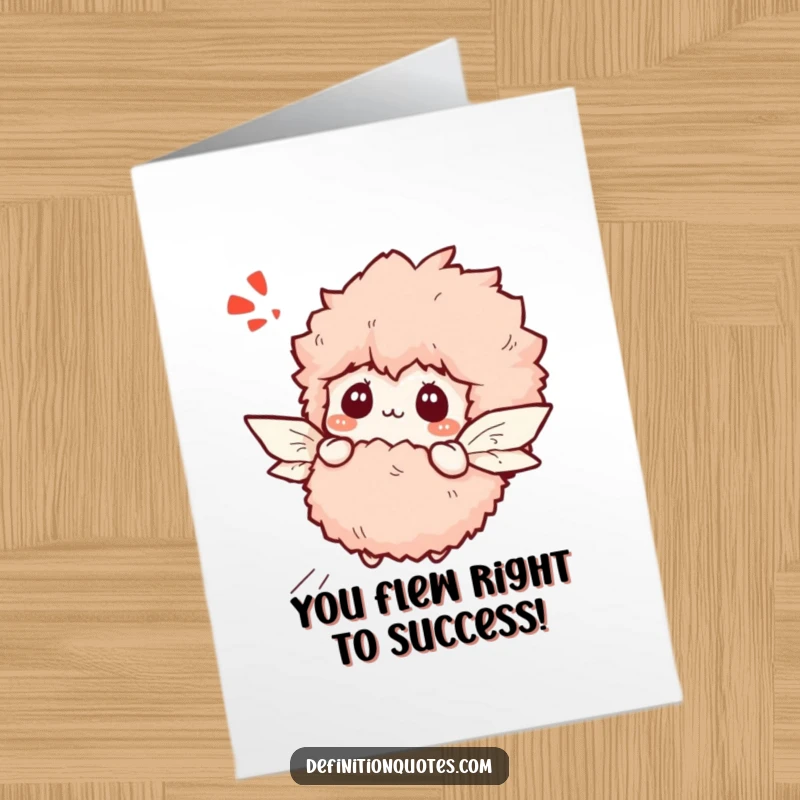 Funny free printable congratulations card: a bewildered slipper attempting flight with small paper wings, a humorous success.