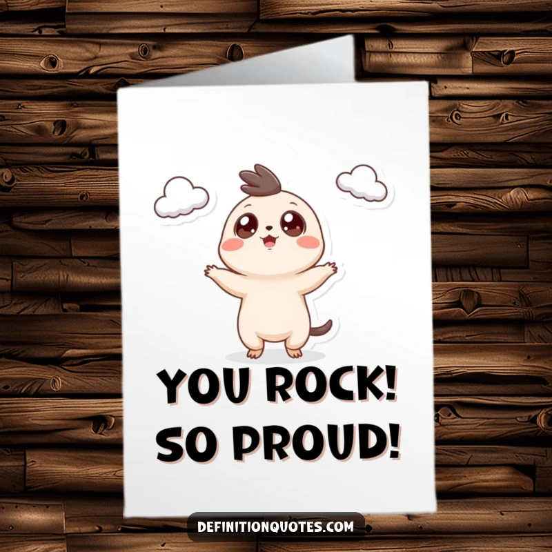 Funny Free Printable Congratulations Card: Googly eyed creature juggling three small clouds with excitement, a delightful and amusing image.