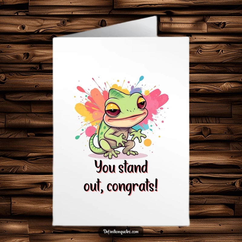 Free Printable Congratulations Card showing a sly chameleon hilariously trying to camouflage with an abstract paint splatter.