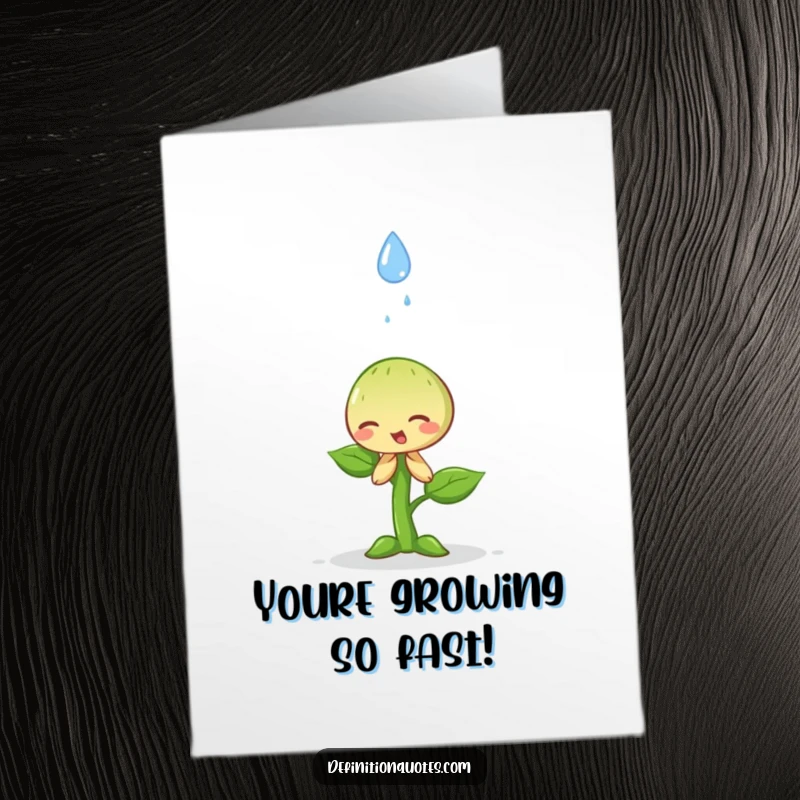 Funny Free Printable Congrats Card: A happy sprout dramatically bowing to a falling raindrop, signifying respect and success.