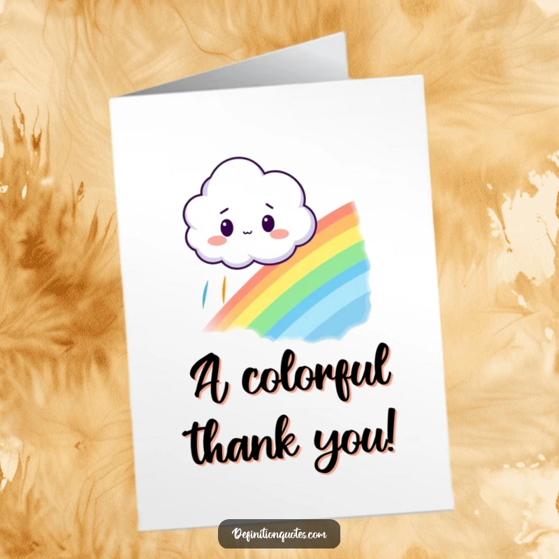 Funny Free Printable Thank You Card featuring a surprised cloud discovering a vibrant rainbow it accidentally brought into existence.