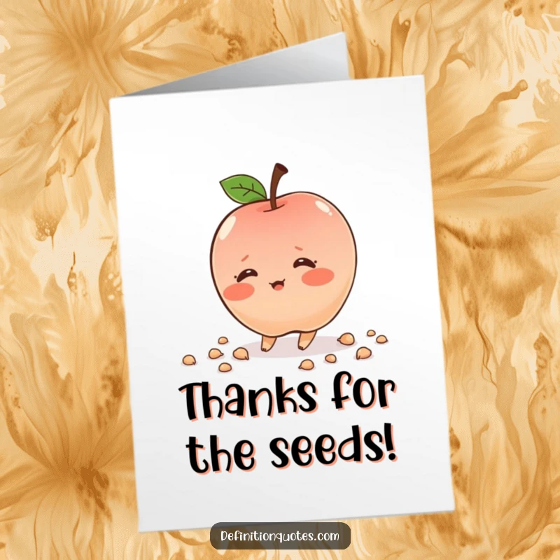Free Printable Thank You Card: Shy, blushing apple character tripping and scattering seeds, sending thanks with a sweet mishap.