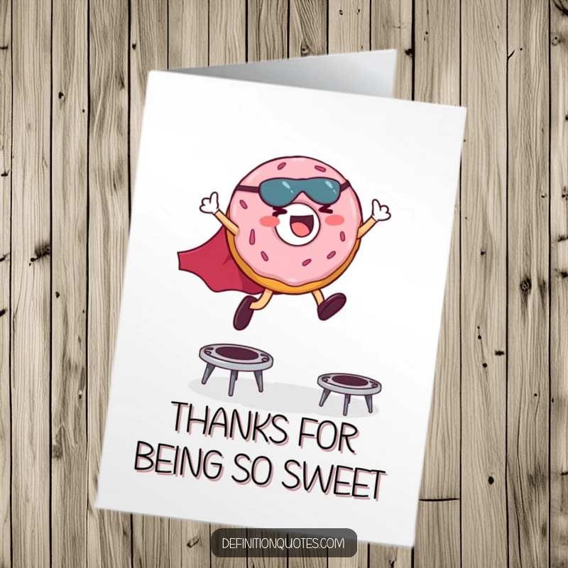 Funny Free Printable Thank You Card: Donut superhero leaps, joyfully expressing thanks with energy.