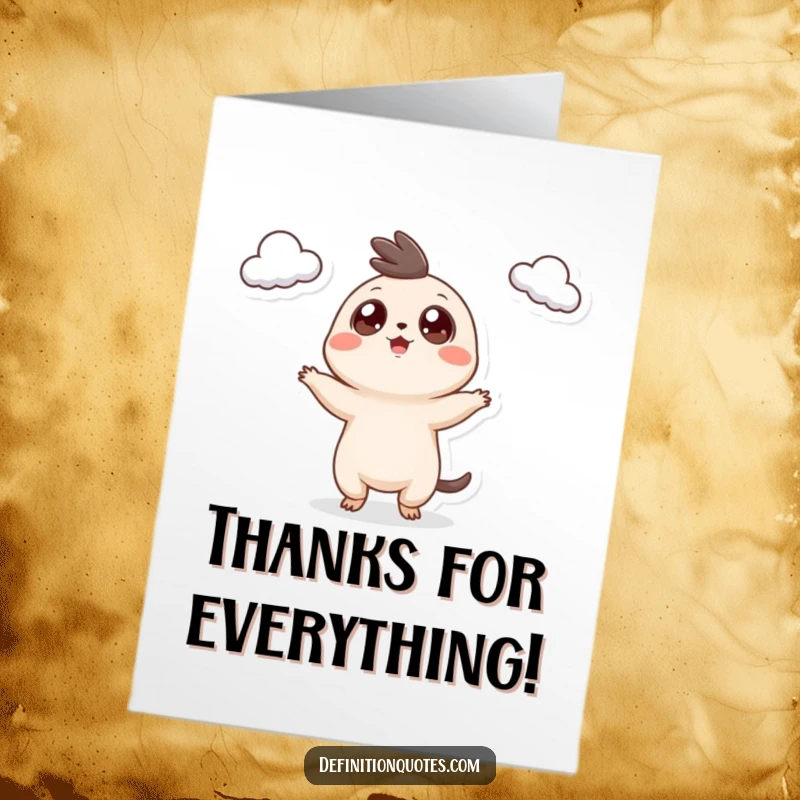 Funny Free Printable Thank You Card: Tiny googly eyed creature joyfully juggling three small clouds, a charming and funny pose.