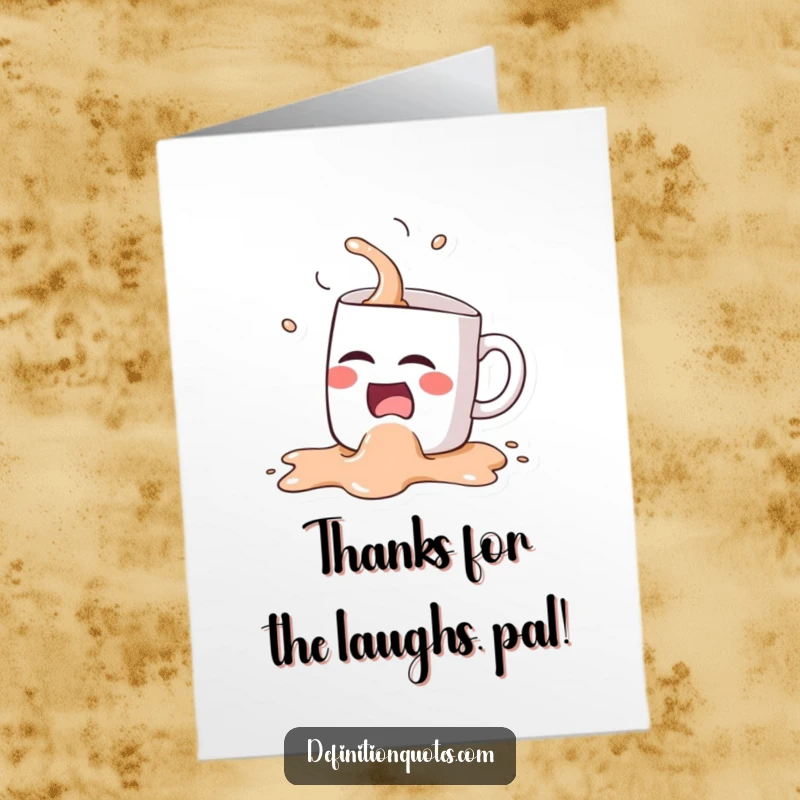Funny Free Printable Thank You Card: A Kawaii coffee mug character spills its drink while laughing hysterically.