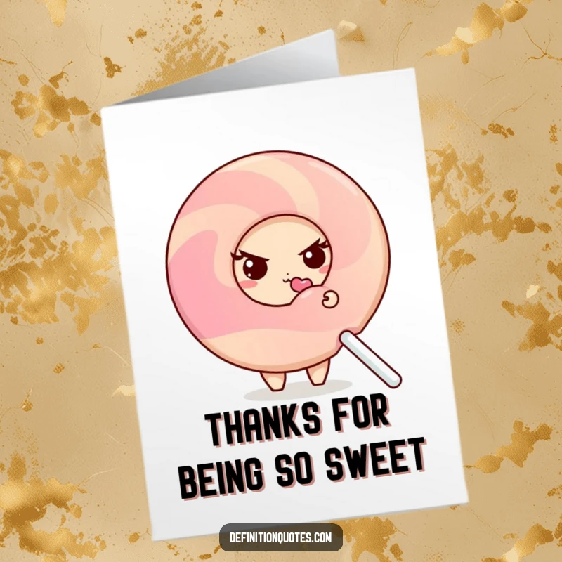 Funny Free Printable Thank You Card: Shy donut character, peeking behind lollipop, sweet and quirky thank you.