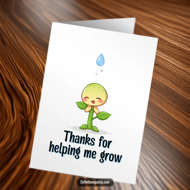 Funny Free Printable Thank You Card: A happy sprout making a dramatic bow to a raindrop, expressing deep gratitude.