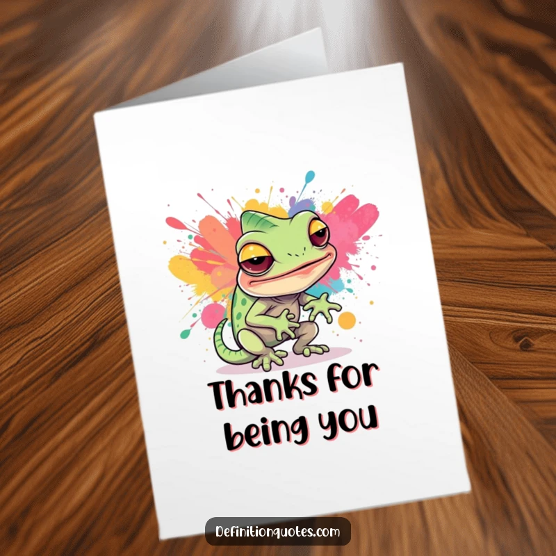 Funny Free Printable Thank You Card with a sly chameleon trying to blend into a vibrant paint splatter.