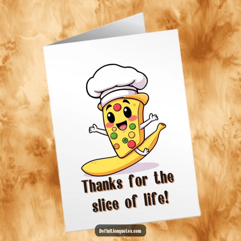 Funny Free Printable Thank You Card: Cheerful pizza chef in chef hat slips on banana peel, comical gratitude.