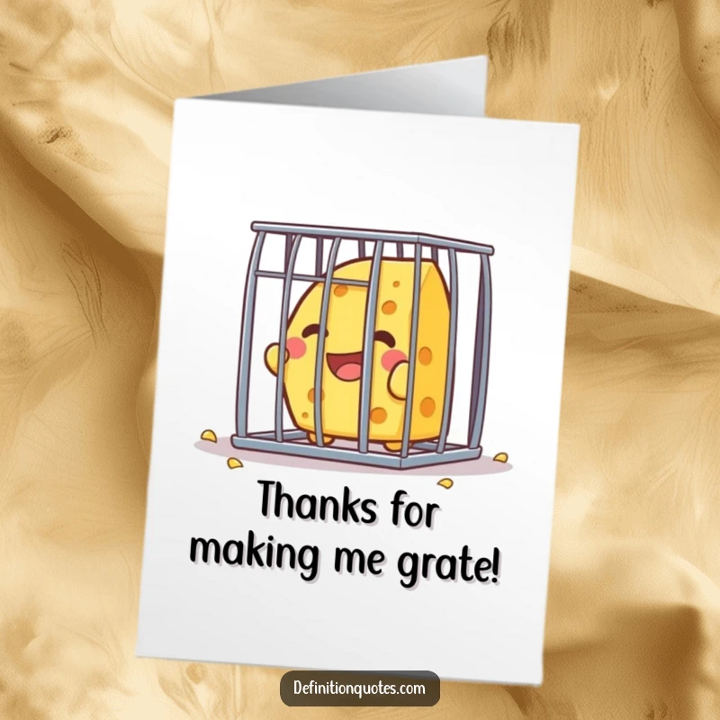 Funny Free Printable Thank You Card: A Kawaii cheese character makes a joyful escape from a small, confining cage.