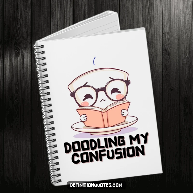 Funny teacup character with spectacles, looking confused at an upside-down book, on a notebook cover.