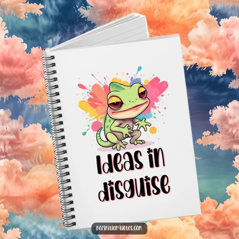 Funny notebook cover with a sly chameleon blending into a paint splatter, perfect for sketching, journaling, or art class notes.