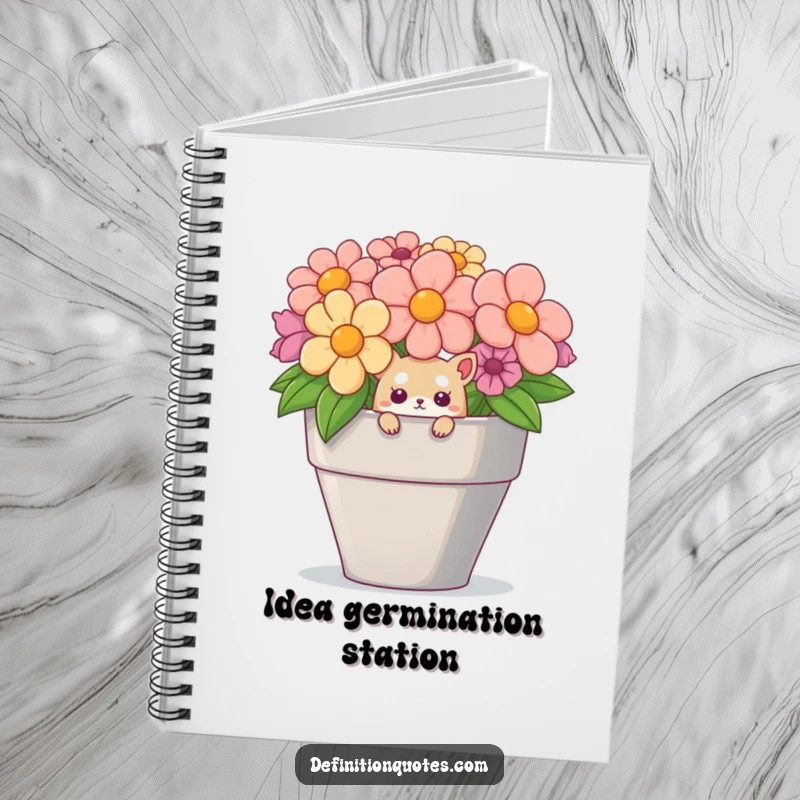 Funny notebook cover featuring a small, curious creature peeking from a huge flower pot, inspiring laughter and creativity.