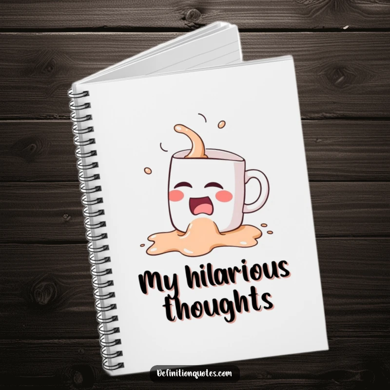 Funny Kawaii coffee mug character, spilling its contents while laughing hysterically, gracing the cover of a notebook.