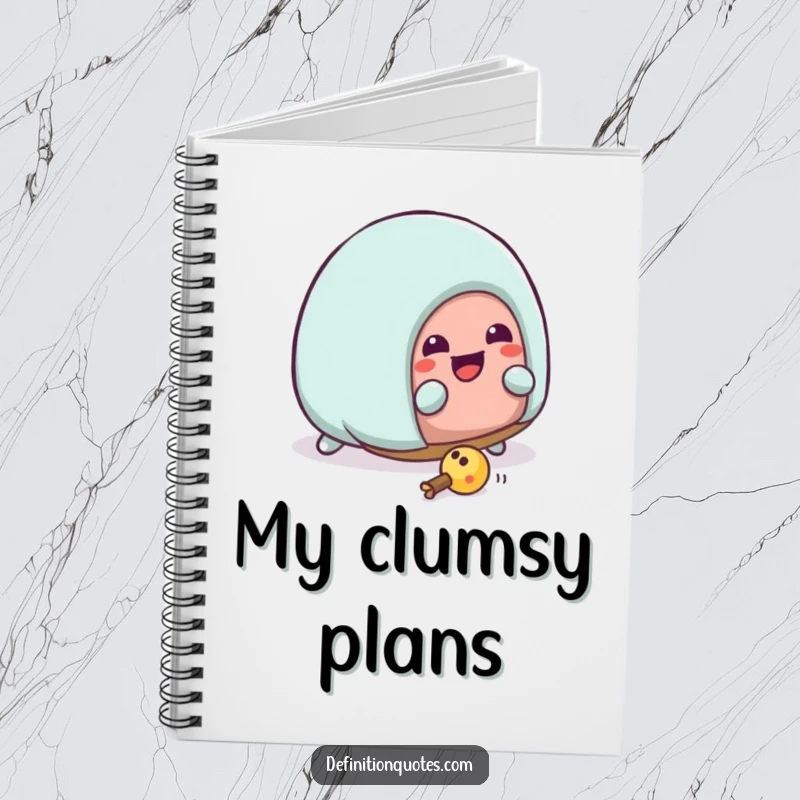 Funny Kawaii house slipper character hilariously tripping over its laces on the cover of a humorous notebook. Funny stationery.