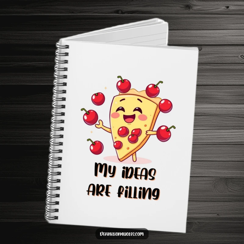 Funny laughing slice of pie juggling cherries on a notebook cover, inspiring sweet thoughts and recipe ideas.
