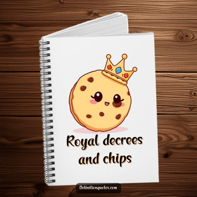 Funny cookie wearing a crown, writing in a notebook, with chocolate chips nearby.