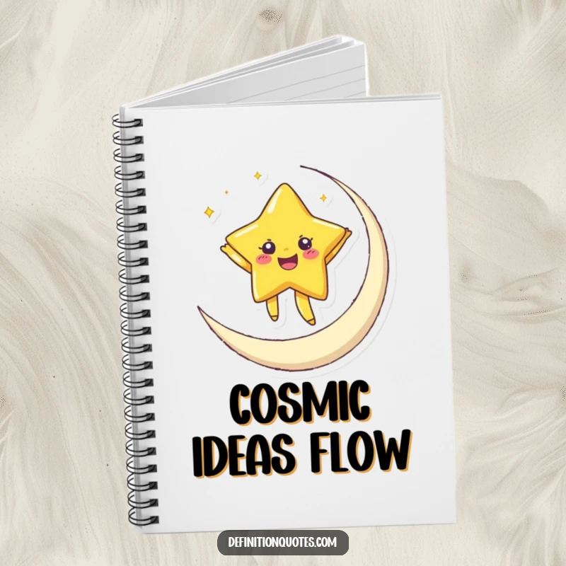 Funny notebook featuring a joyful star dancing on a crescent moon, perfect for capturing celestial thoughts and creative ideas.
