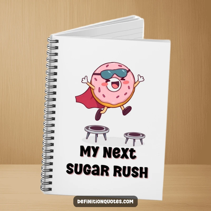 Funny notebook cover with a giggling donut superhero in a cape leaping over miniature trampolines, ready for notes.