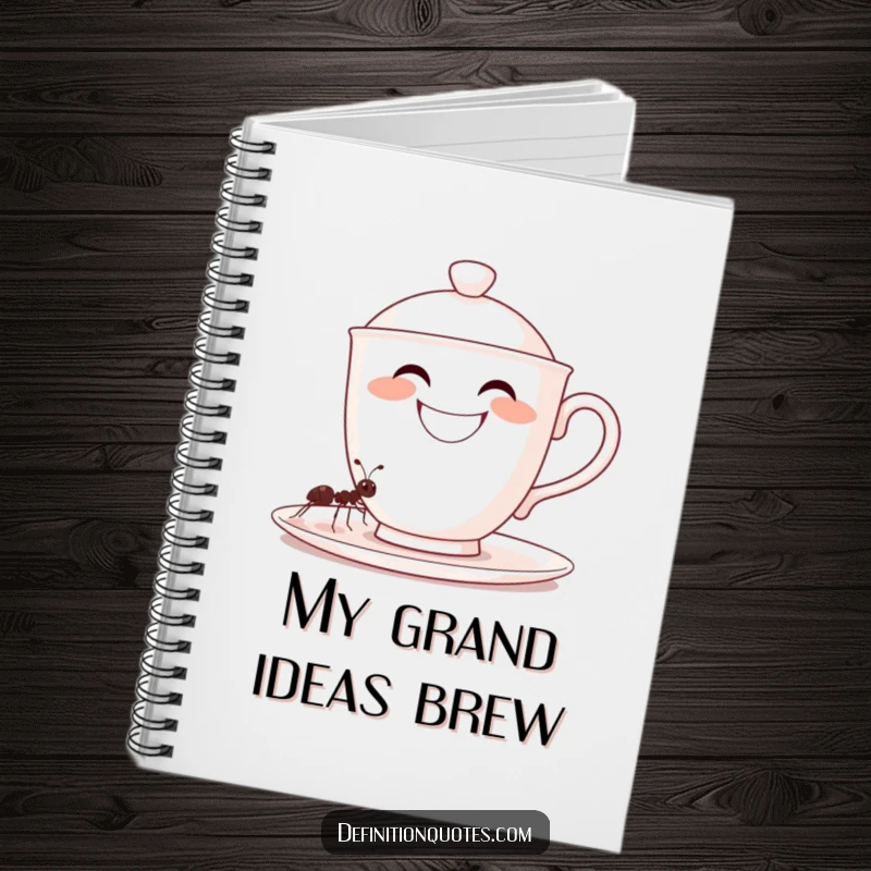 Funny, grinning oversized teacup character filled by a tiny ant, on a ruled notebook, a perfect funny gift.