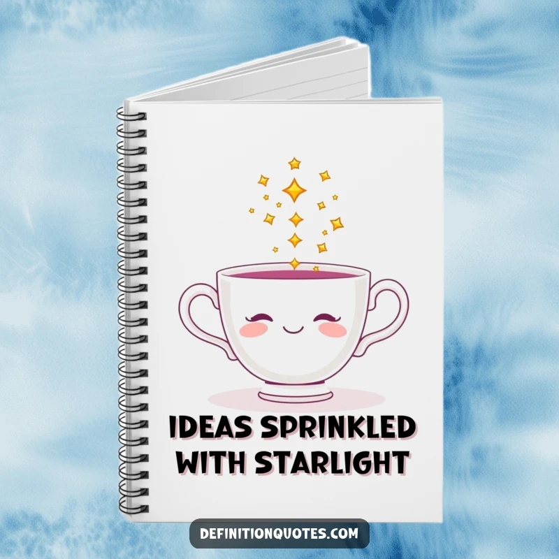 Funny notebook with a smiling teacup pouring a stream of tiny, sparkling stars, perfect for jotting down magical thoughts.