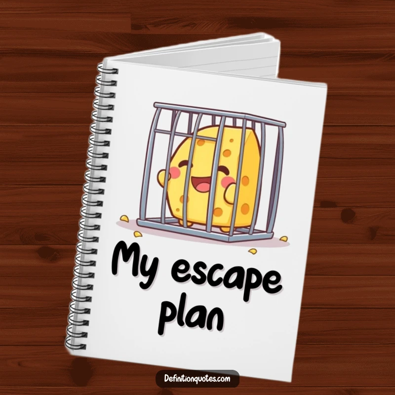 Funny Kawaii cheese character, joyfully escaping a tiny cage, gracing the cover of a notebook for humorous planning.