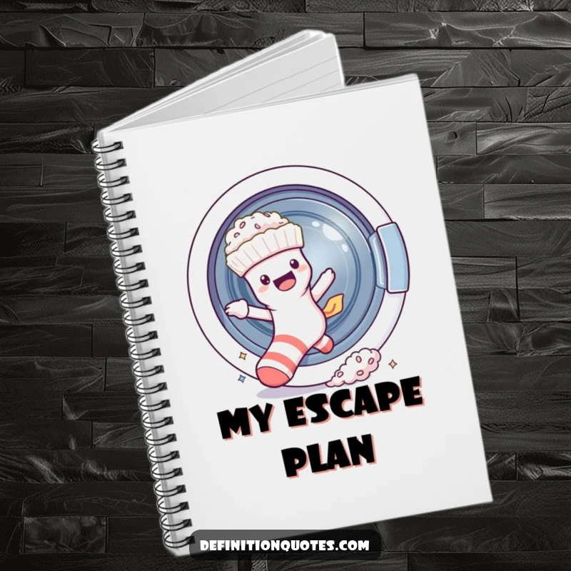 Funny sock character escaping a washing machine, leaving fluff, on a notebook cover.