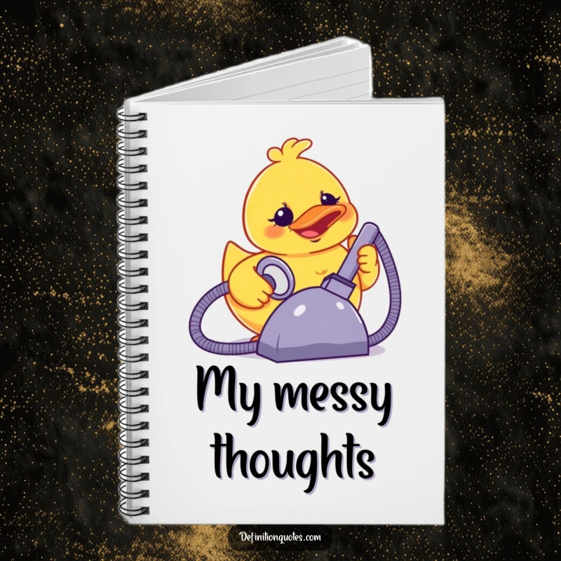 Funny terrified smiling rubber ducky powering a giant vacuum cleaner, on a notebook cover.