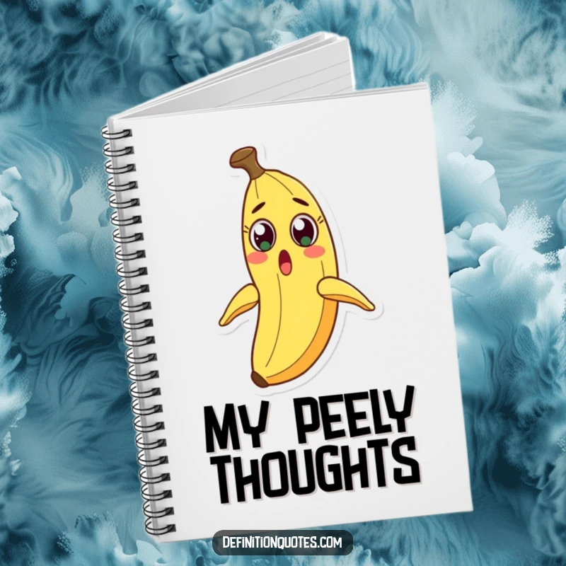 Funny notebook cover, a surprised banana character recoiling from its own sliding peel.