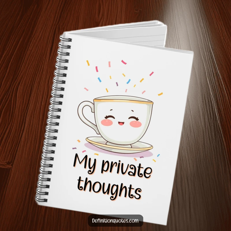 Funny notebook with a shy teacup character with rosy cheeks hiding from falling confetti, a perfect humorous introvert gift.