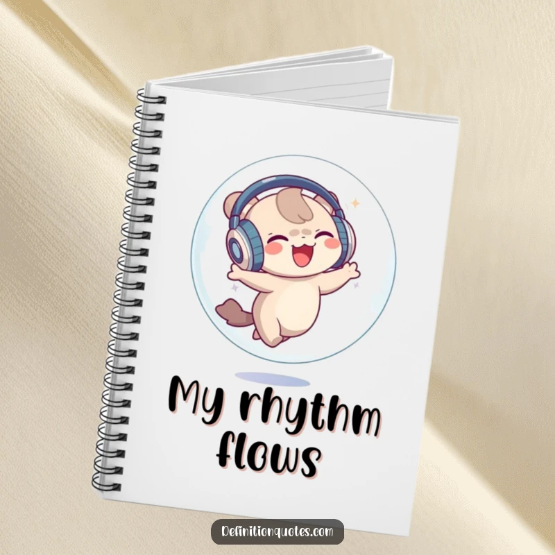 Funny Notebook: A small creature with oversized headphones joyfully dancing inside a bubble, ready to capture your notes.