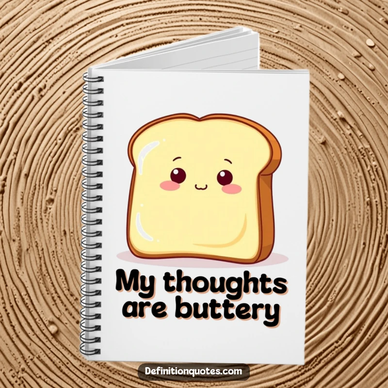 Funny piece of toast peeking from behind a giant butter pat on a notebook cover, inspiring curious thoughts.