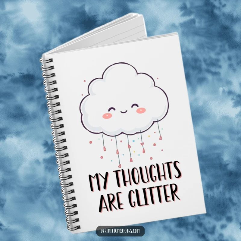 Funny notebook with a cheerful cloud character playfully raining oversized glitter, perfect for jotting down magical ideas.
