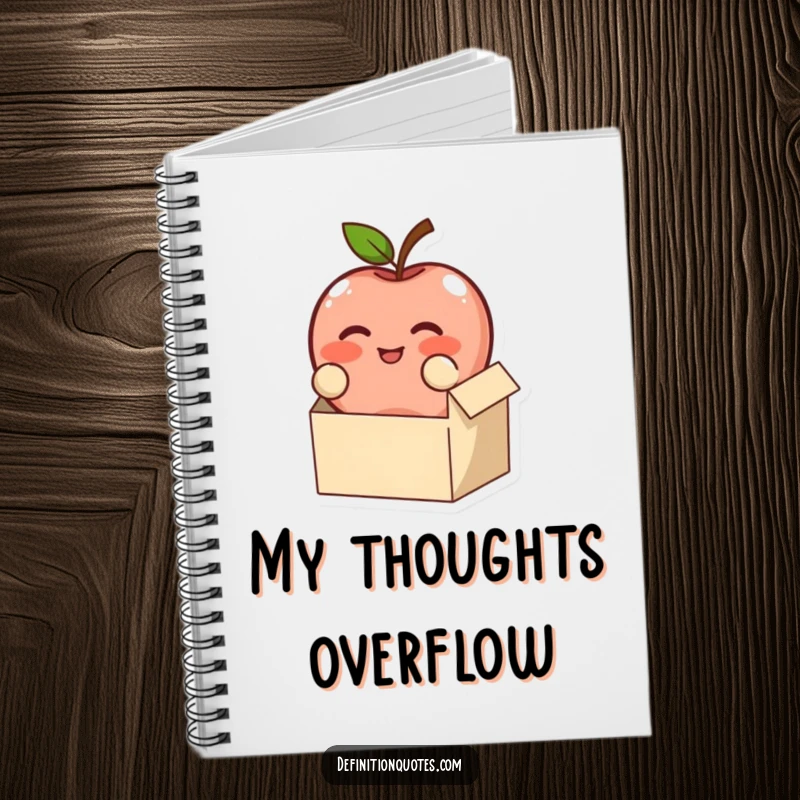 Funny, blushing apple character trying to fit in a small box, on a ruled notebook, a perfect funny gift.